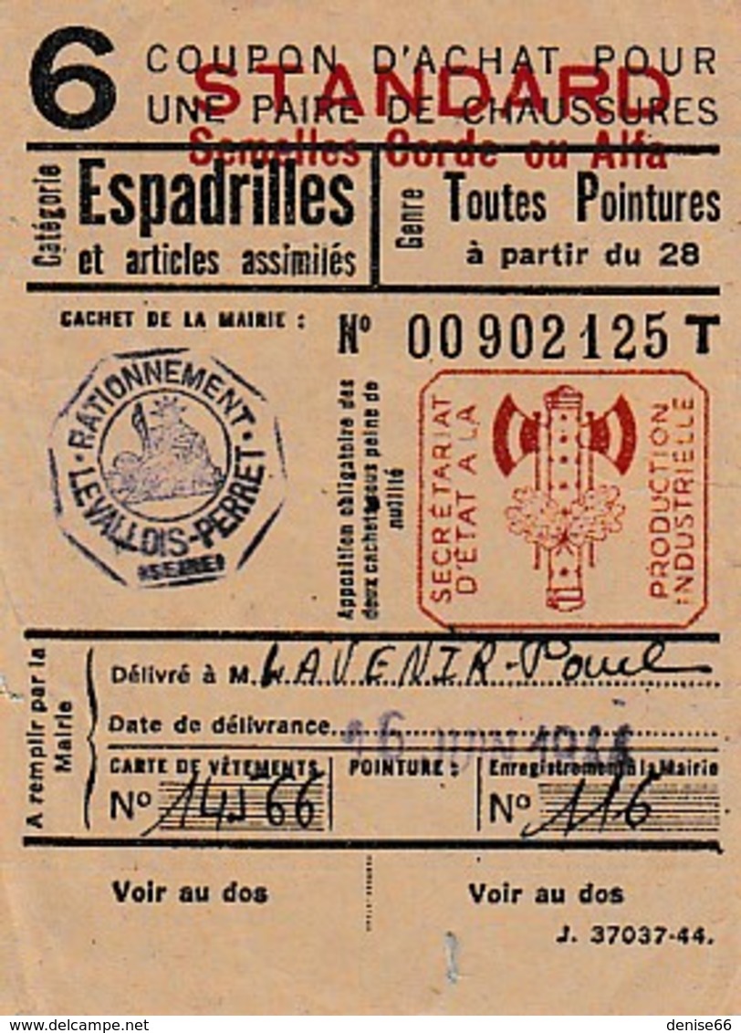 WW2 1944 - LEVALLOIS-PERRET Restrictions - COUPON D'ACHAT Pour Des ESPADRILLES - - Historical Documents