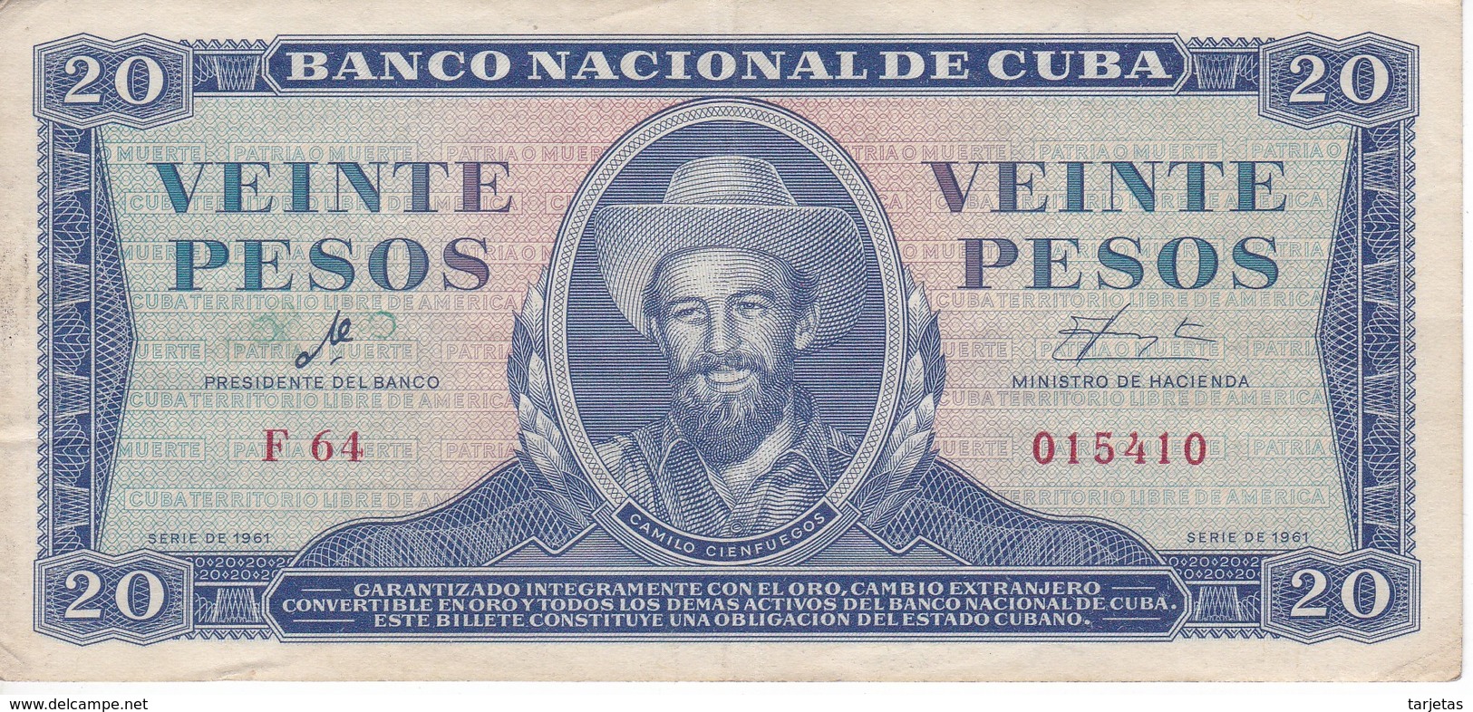 BILLETE DE CUBA DE 20 PESOS DEL AÑO 1961 FIRMA DE CHE GUEVARA (BANK NOTE)  CAMILO CIENFUEGOS - Cuba