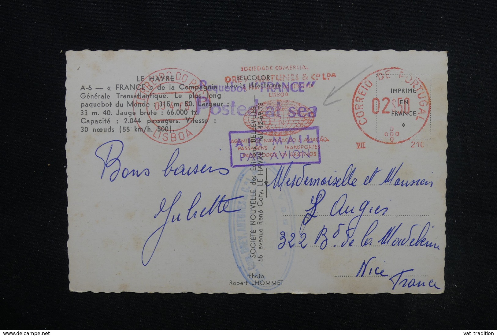 PORTUGAL - Affranchissement Mécanique De Lisbonne Sur Carte Postale Du France  En 1965 ( Posté à Bord ) - L 52809 - Storia Postale