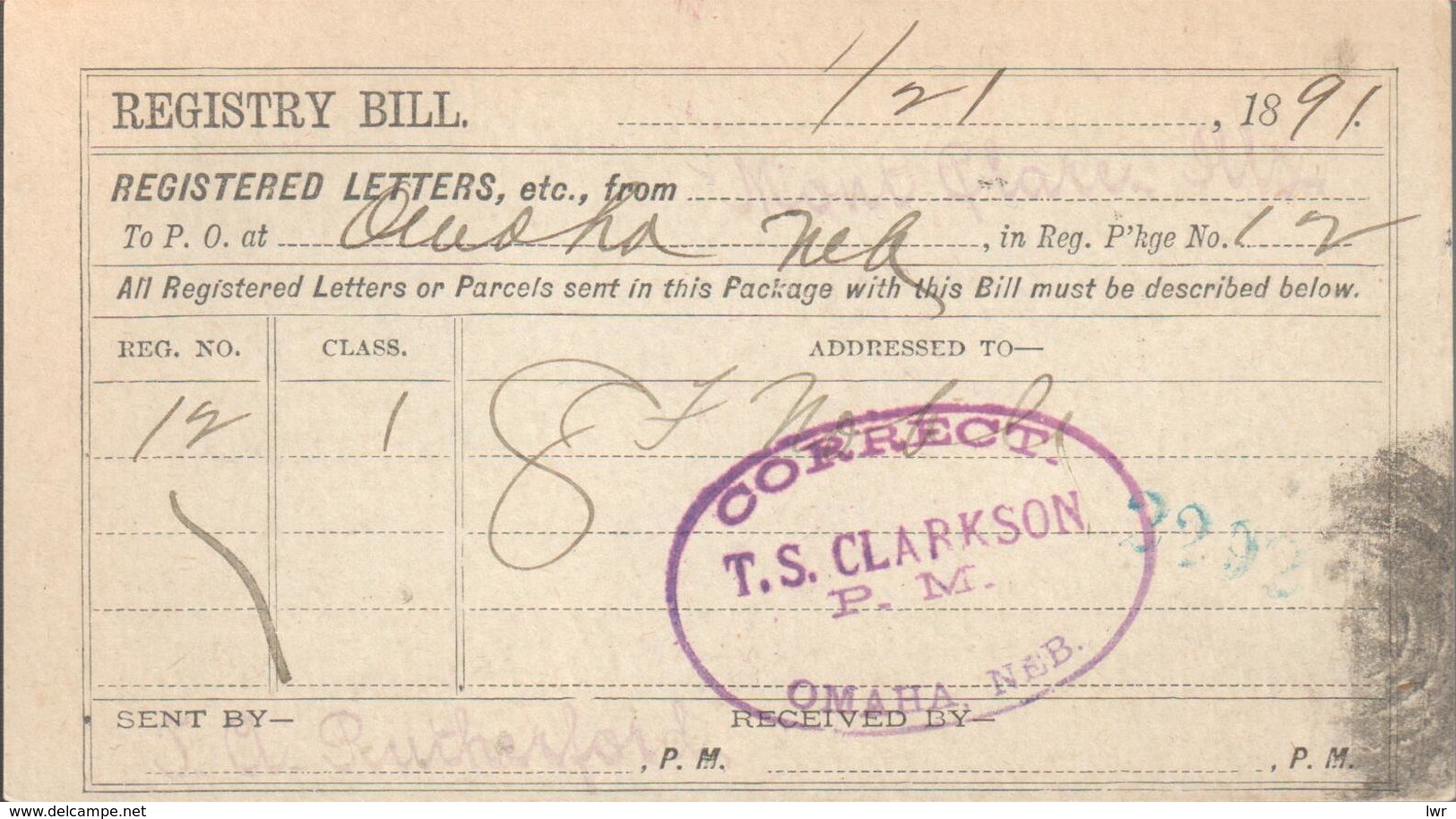 USA - Registry Bill - T.S.Clarkson P.M. - Omaha City - Scribe - Secretary - Other & Unclassified