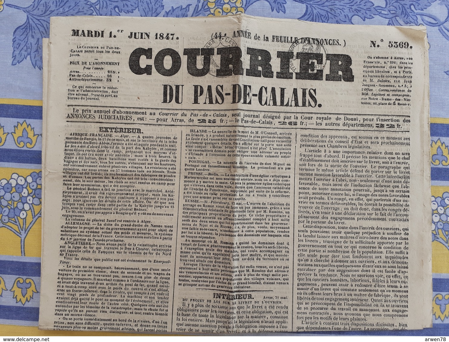 Journal Le Courrier Du Pas De Calais Du 1er Juin  1847 L'afrique Française - 1800 - 1849