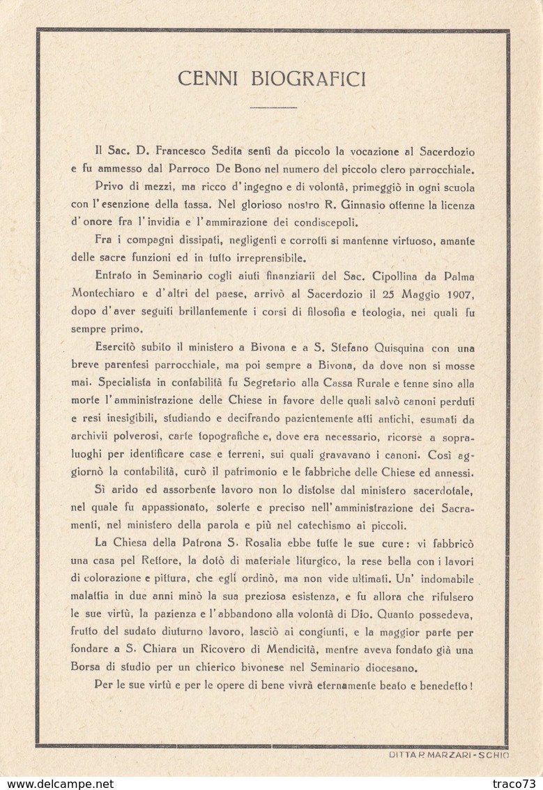 BIVONA (AG) /  Reverendo Sacerdote D. FRANCESCO SEIDITA _ Rettore Di S. Rosalia - Altri & Non Classificati