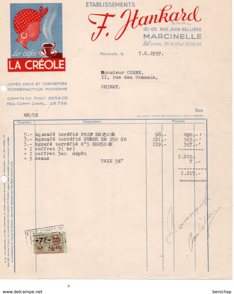 LES CAFES LA CREOLE - CAFES CRUS ET TORREFIES -  F.HANKARD - MARCINELLE - CHIMAY - 1957 - Alimentare