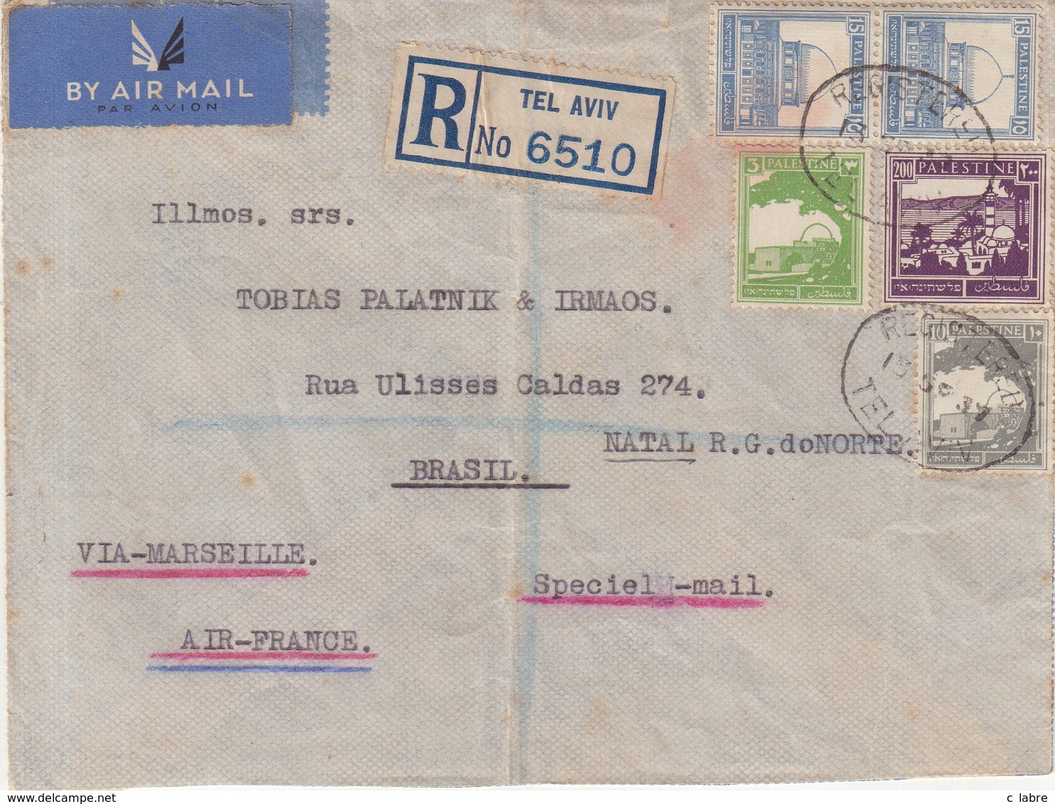 PALESTINE : PA . REC . VIA AIR FRANCE . POUR NATAL , BRESIL . 1937 . - Palestine