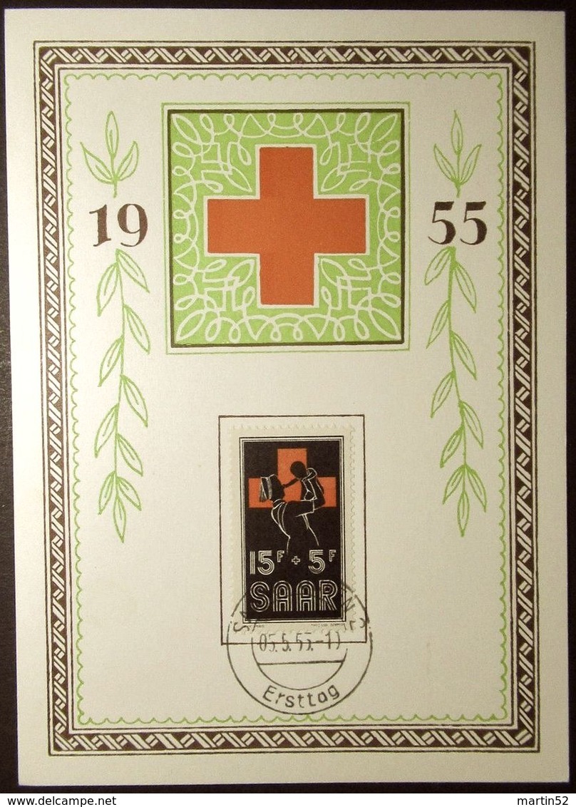 Saar 1955: Michel-No. 360 Auf Maximumkarte "ROTES KREUZ" Mit O SAARBRÜCKEN 05.5.55 Ersttag (mit Schnapszahl) - Cartes-maximum