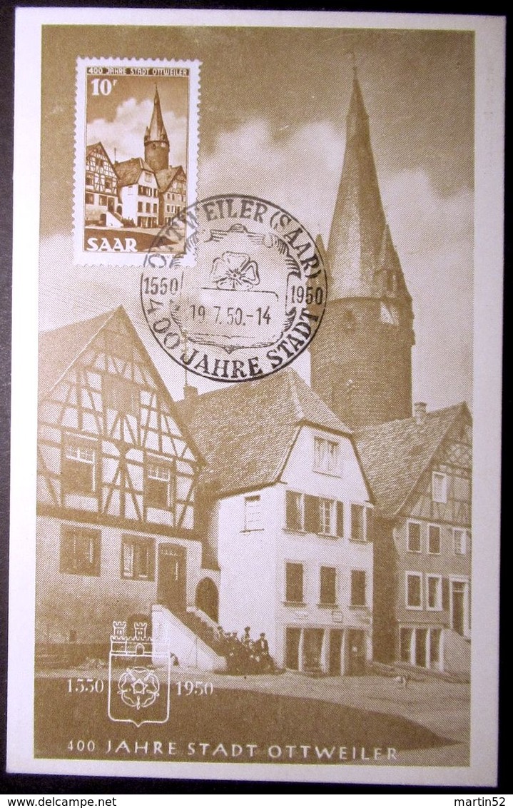 Saar 1950: Michel-No. 296 Auf Maximumkarte  Mit Passendem Sonderstempel OTTWEILER 19.7.50 400 JAHRE STADT - Maximum Cards