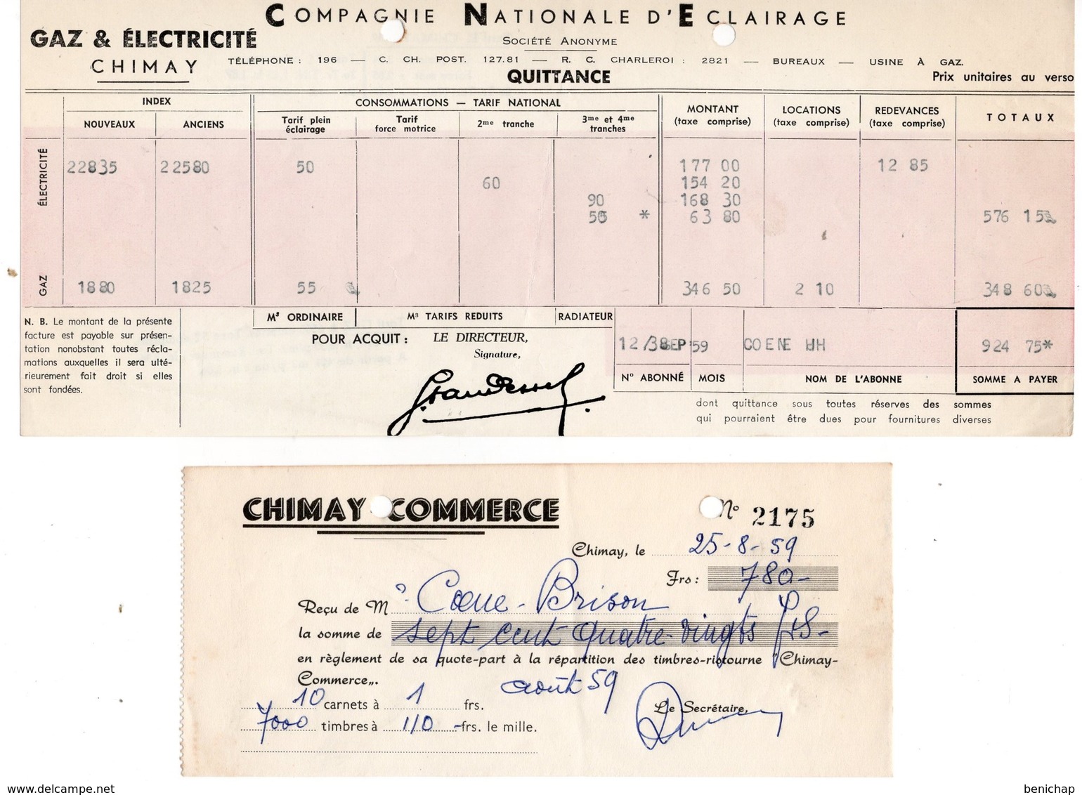 CHIMAY COMMERCE - COMPAGNIE NATIONALE D'ECLAIRAGE - GAZ & ELECTRICITE CHIMAY - 1959 - Electricity & Gas