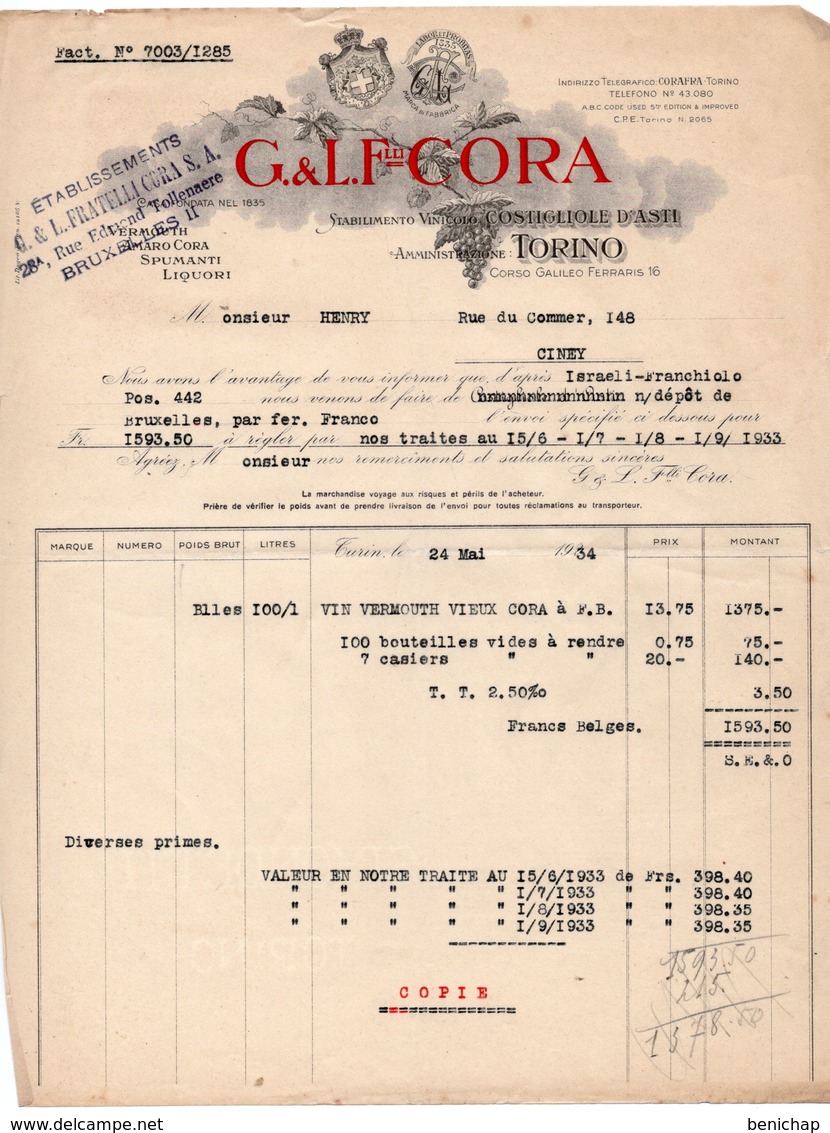 ETABLISSEMENTS G. & L. FRATELLI CORA S.A. - VINICOLO COSTIGLIOLE D'ASTI - TORINO - CINEY - 1934 - Italie