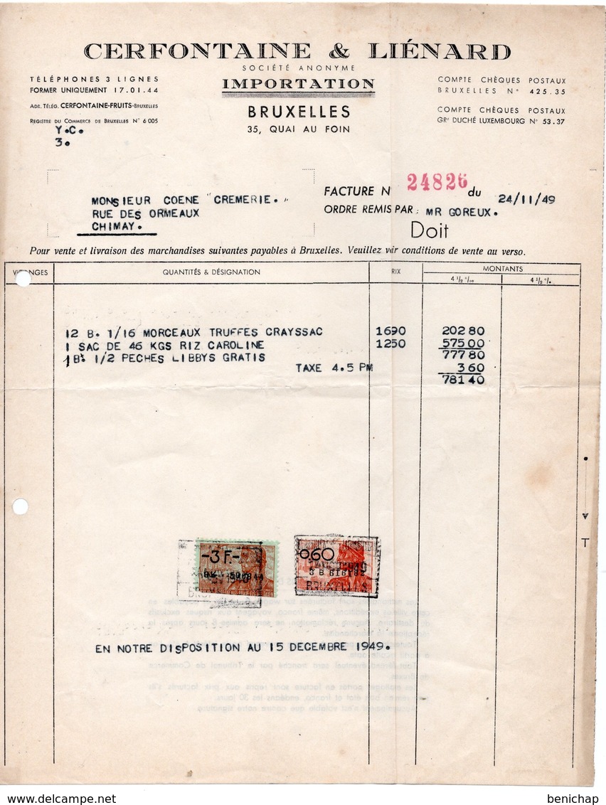 IMPORTATIONS CERFONTAINE & LIENARD - TRUFFES CRAYSSAC - RIZ CAROLINE - PECHES LIBBYS - CHIMAY - 1949. - Alimentaire