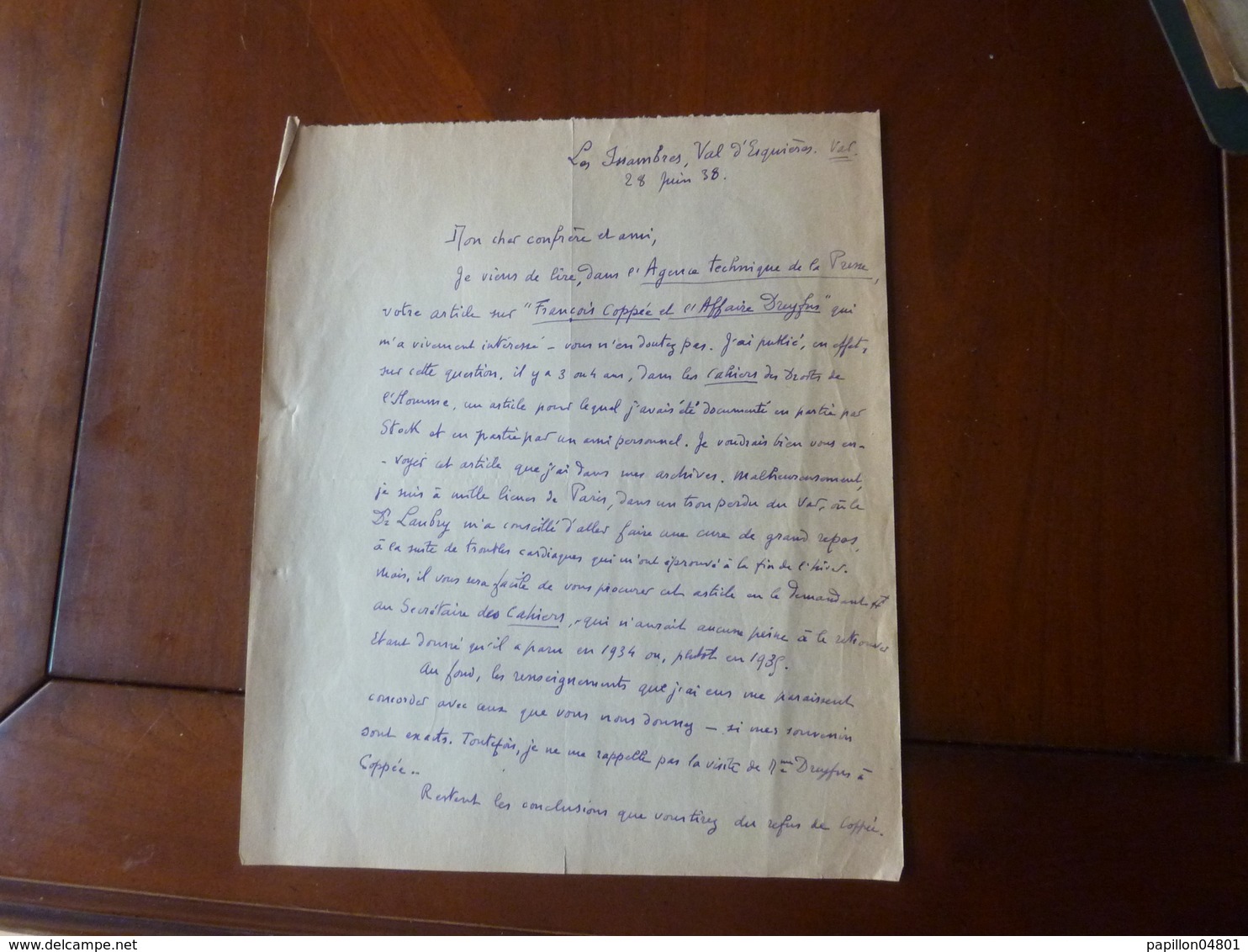 LETTRE MANUSCRITE AUTOGRAPHE AFFAIRE DREYFUS ARMAND CHARPENTIER DREYFUSARD  28 JUIN 1938 - Autres & Non Classés