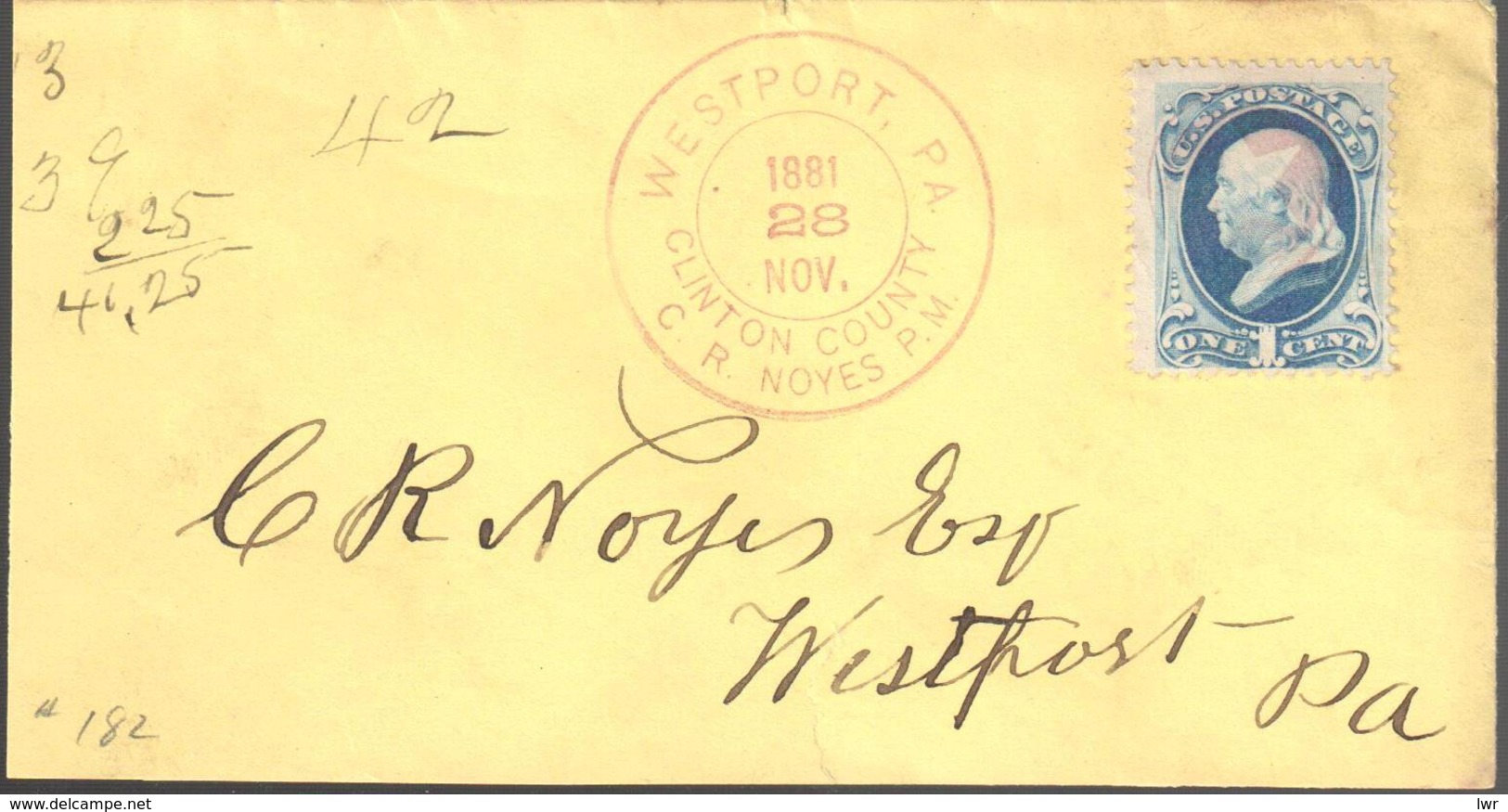 USA - Cover - Westport PA - Clinton County - C. R. Noyes P.M. - Other & Unclassified