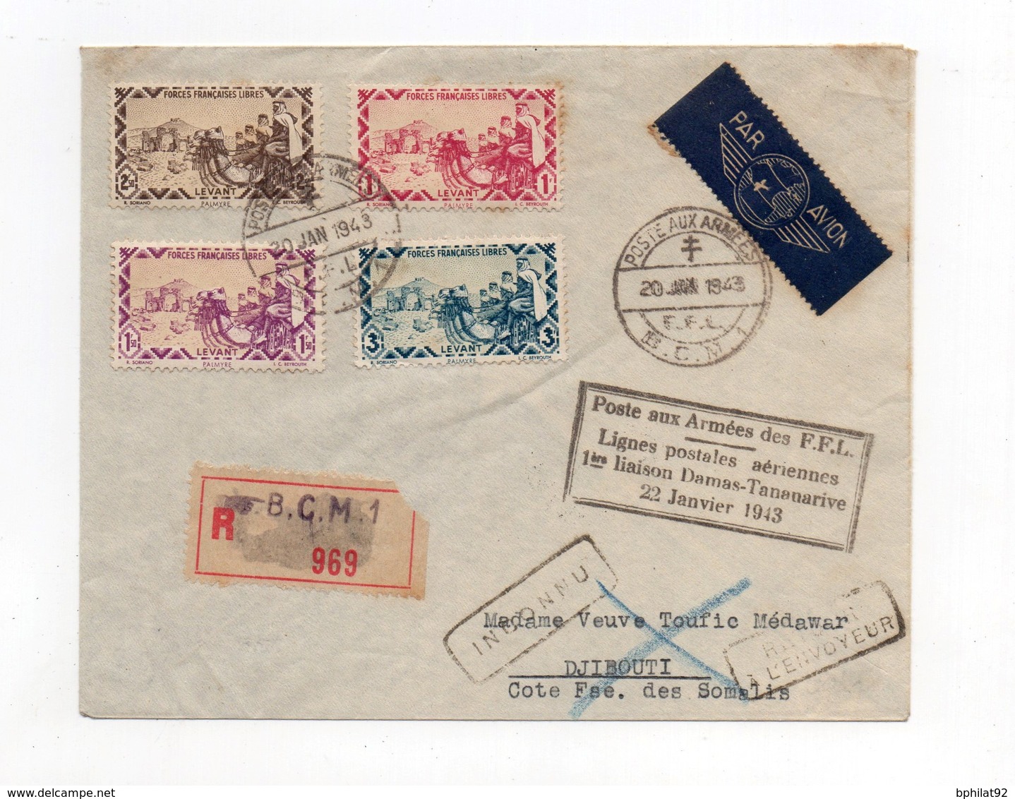 !!! PRIX FIXE : FFL, 1ERE LIAISON DAMAS-TANANARIVE 23//1943, LETTRE PAR AVION DE BEYROUTH POUR DJIBOUTI - Storia Postale