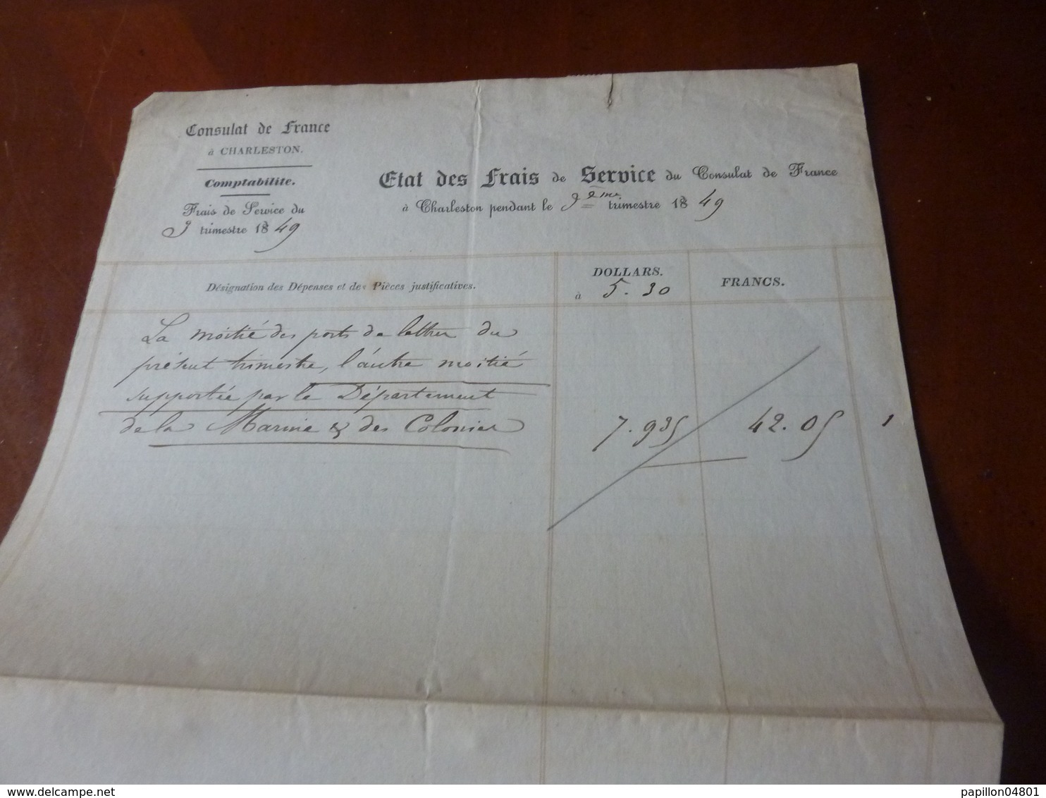 CONSULAT DE FRANCE ETATS UNIS CHARLESTON LETTRE ETAT DES FRAIS DE SERVICE SIGNE CONSUL 1 JANVIER 1850 - Autres & Non Classés