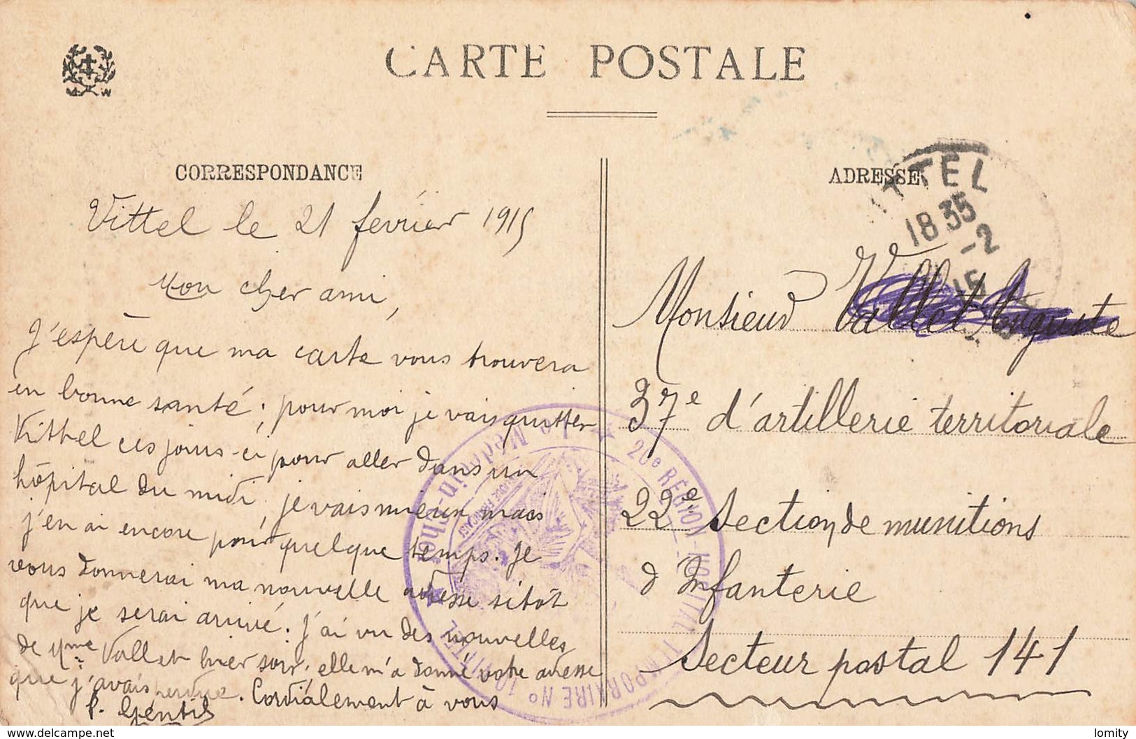 88 Vittel Le Central Hotel Cpa Cachet Militaire 20e Region Hopital Temporaire N°10 Vittel 1915 - Contrexeville