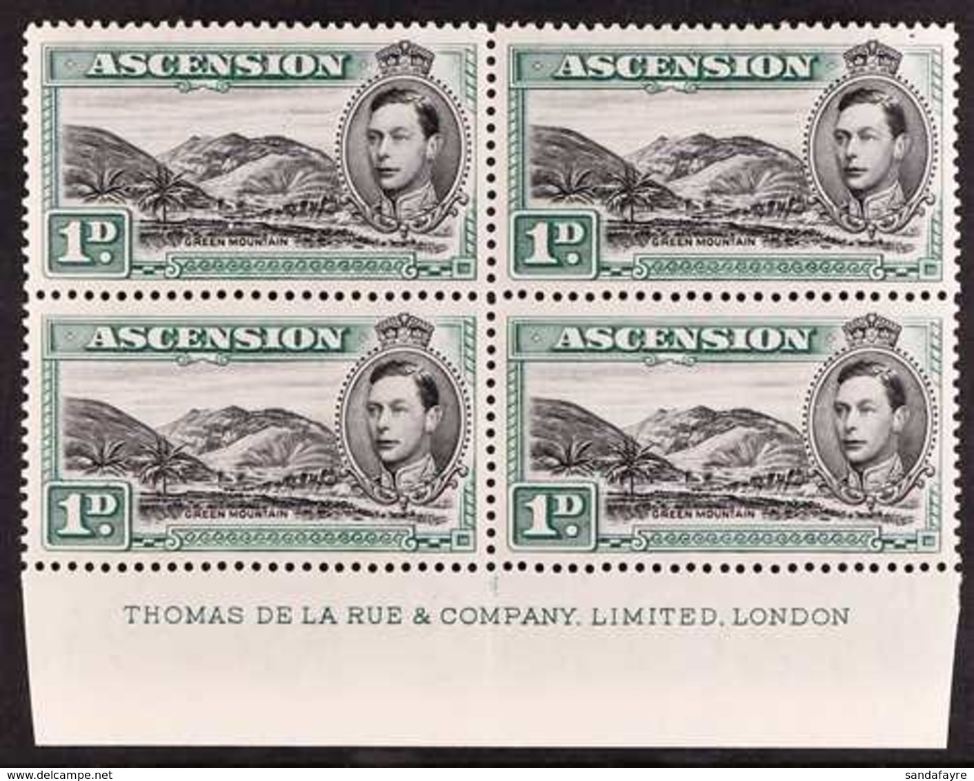 1938 1d Black And Green "Green Mountain", SG 39, Lower Marginal DLR Imprint Block Of Four, Fine Never Hinged Mint. For M - Ascensión