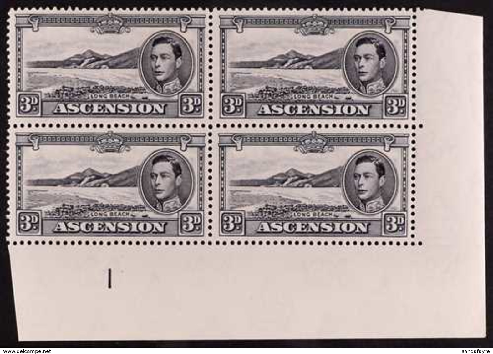 1940 3d Black And Grey Perf. 13½, SG 42a, Lower Right Corner Plate "1" Block Of Four, Fine Never Hinged Mint. For More I - Ascension