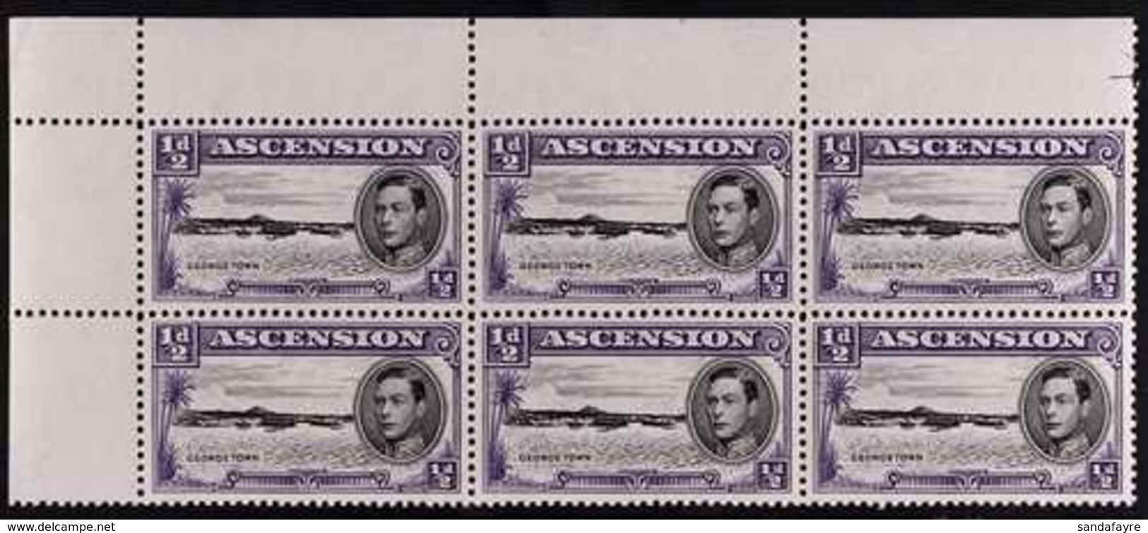 1944 ½d Black And Bluish Violet, Upper Left Corner Block Of Six, One Showing Long Centre Bar To "E", SG 38ba, Never Hing - Ascension