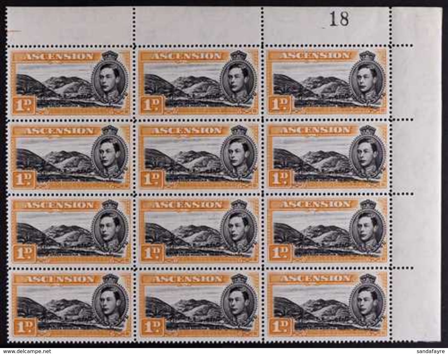 1949 1d Black And Yellow-orange Perf. 14, Upper Right Corner Block Of Twelve, Row 4/4 Showing MOUNTAINEER FLAW, SG 39ca, - Ascension