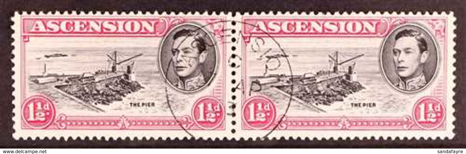 1953 1½d Black And Rose-carmine Perf. 13, Horizontal Pair With One Showing DAVIT FLAW, SG 40fa, Fine Central Cds Used, U - Ascension