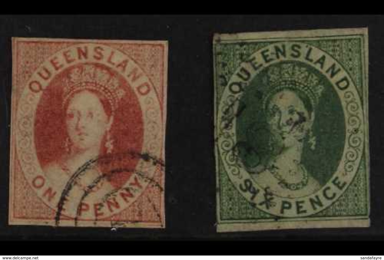 QUEENSLAND 1860 1d Carmine- Red & 6d Green Imperfs, SG 1 & 3, Used With Small Margins, Possibly Trimmed Perforated Stamp - Andere & Zonder Classificatie