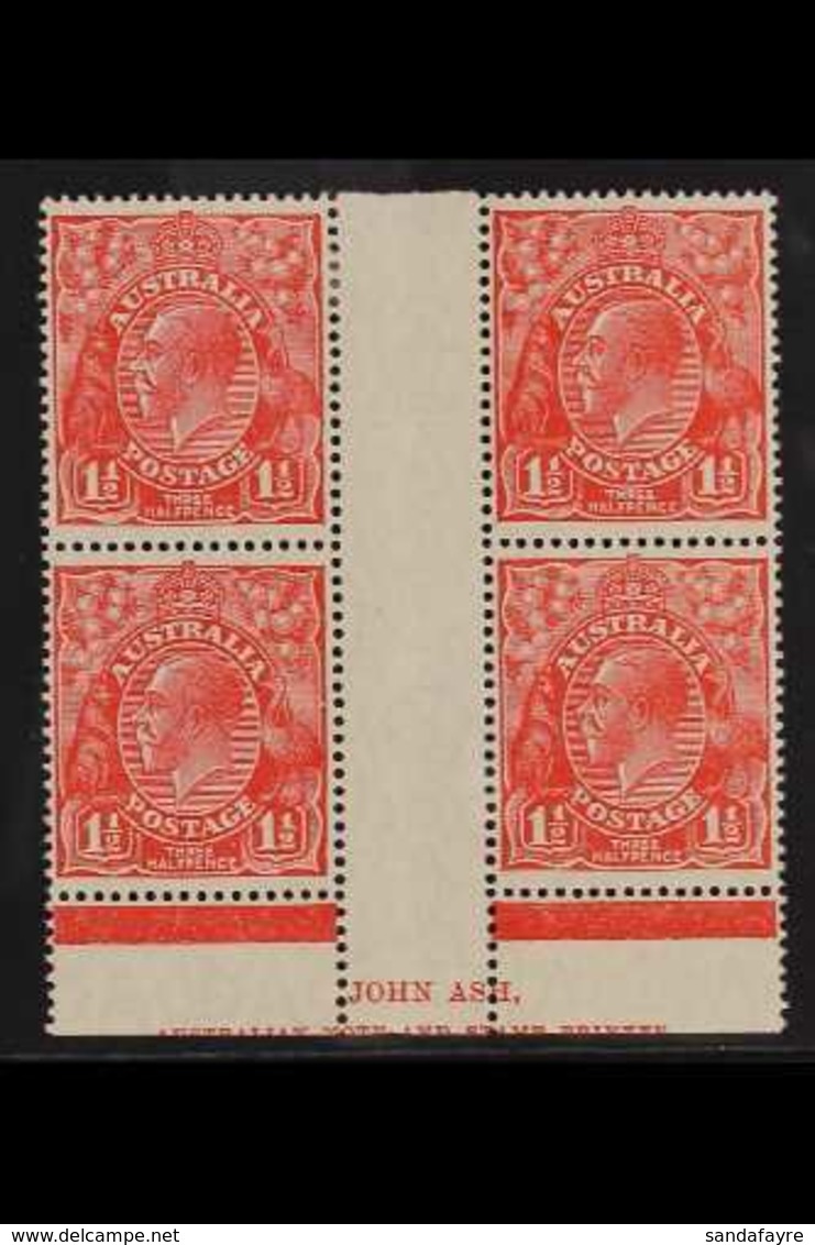 1926-30 1½d Scarlet KGV Head Perf 14, SG 87, Fine Mint ASH IMPRINT (N Over N) BLOCK Of 4 With Variety J (notch Inside Ri - Andere & Zonder Classificatie