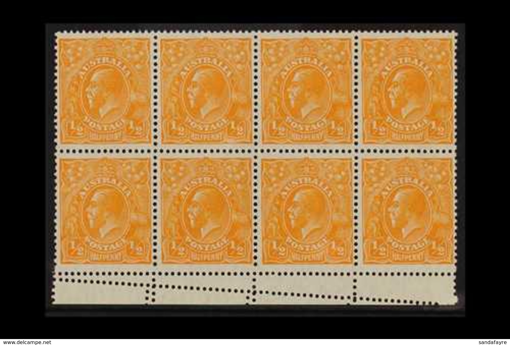 1928 ½d Orange - Perf 13½ X 12½, SG 94, Brusden White 69(9) Marginal Block Of 8 Showing Double Perforation In Margin & R - Andere & Zonder Classificatie