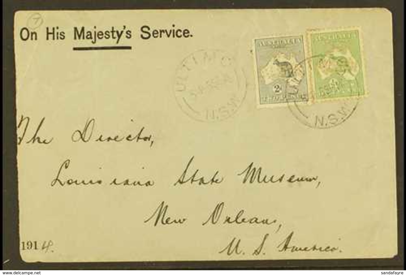 OFFICIALS ON COVER 1914 "OHMS" Cover To USA, Franked With ½d & 2d Roos Punctured "OS / NSW," Tied By ULTIMO 8.9.14 Postm - Andere & Zonder Classificatie