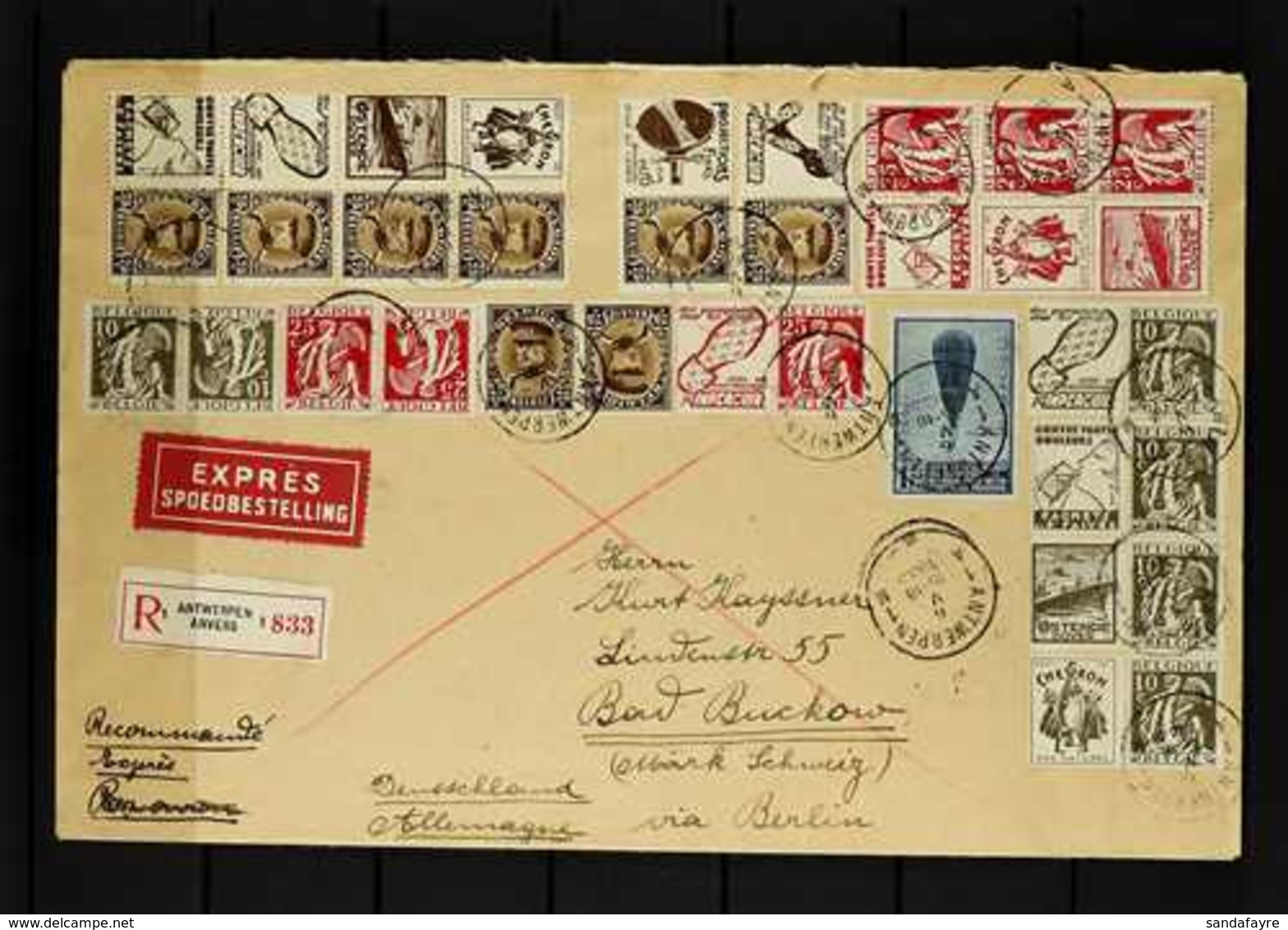 1938 Large Sizex Registered Cover To Germany Franked With Complete Sets Of Se-tenant Advertising Pairs, Many In Blocks,  - Andere & Zonder Classificatie