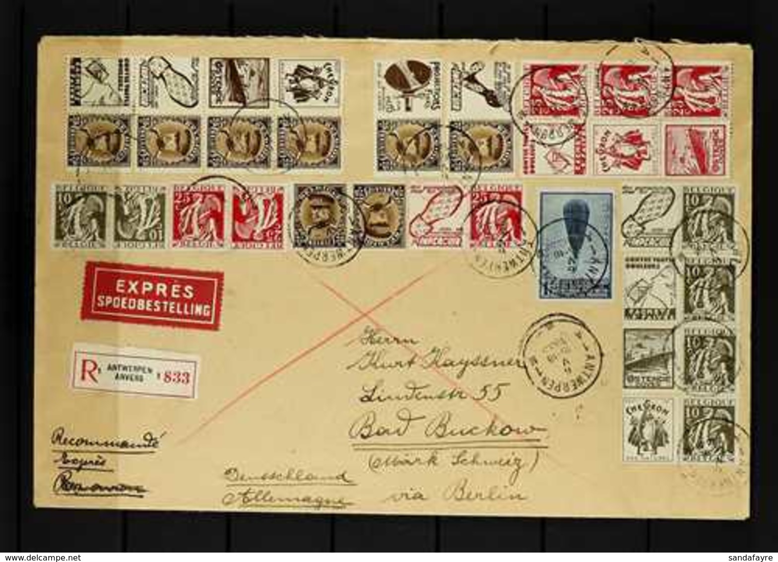 1938 Large Sizex Registered Cover To Germany Franked With Complete Sets Of Se-tenant Advertising Pairs, Many In Blocks,  - Other & Unclassified
