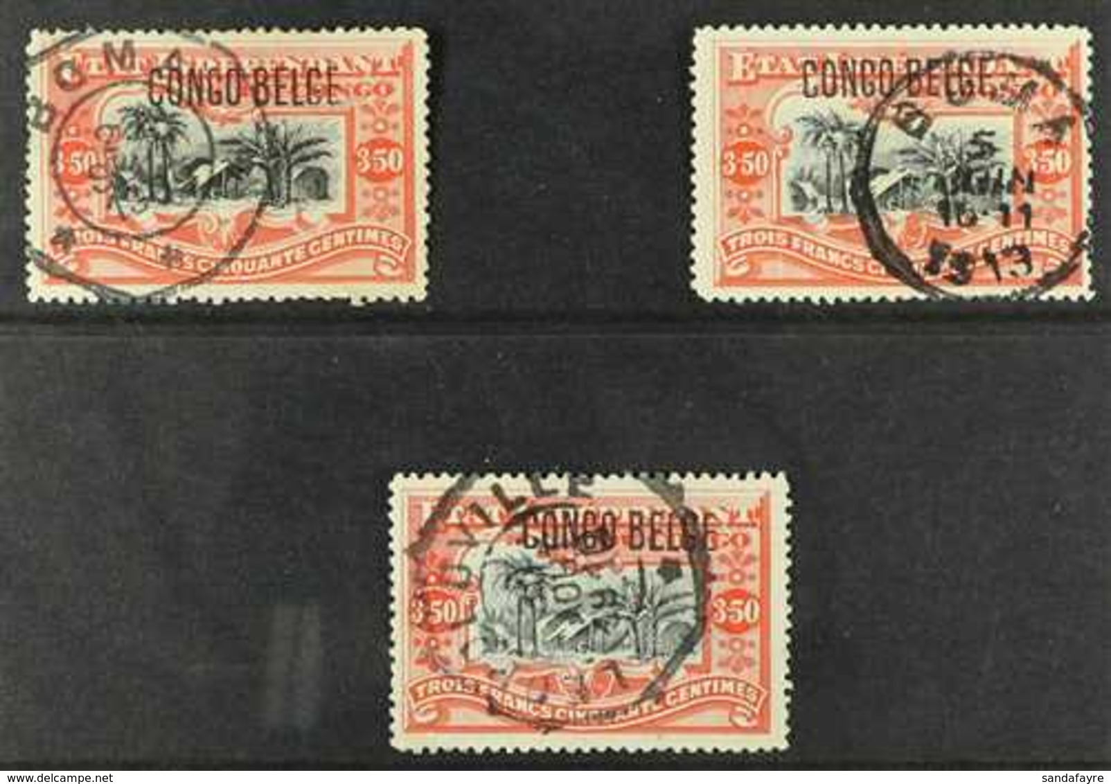 CONGO 1909 3fr 50fr Vermilion And Black, Handstamped Locally, COB 37L, 3 Very Fine Used Examples Showing Varying Ovpt Ch - Other & Unclassified