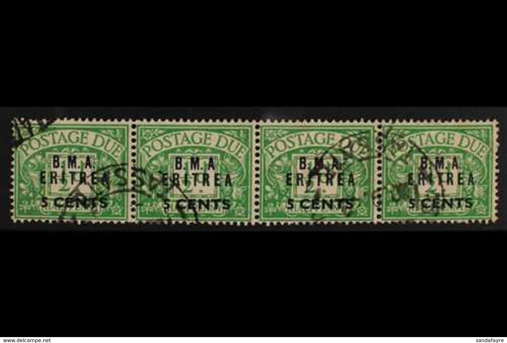 ERITREA 5c On ½d Emerald, BMA Ovpt, Variety "No Stop After A", SG ED1a In Strip With 3 Normals, Very Fine Used. For More - Italiaans Oost-Afrika