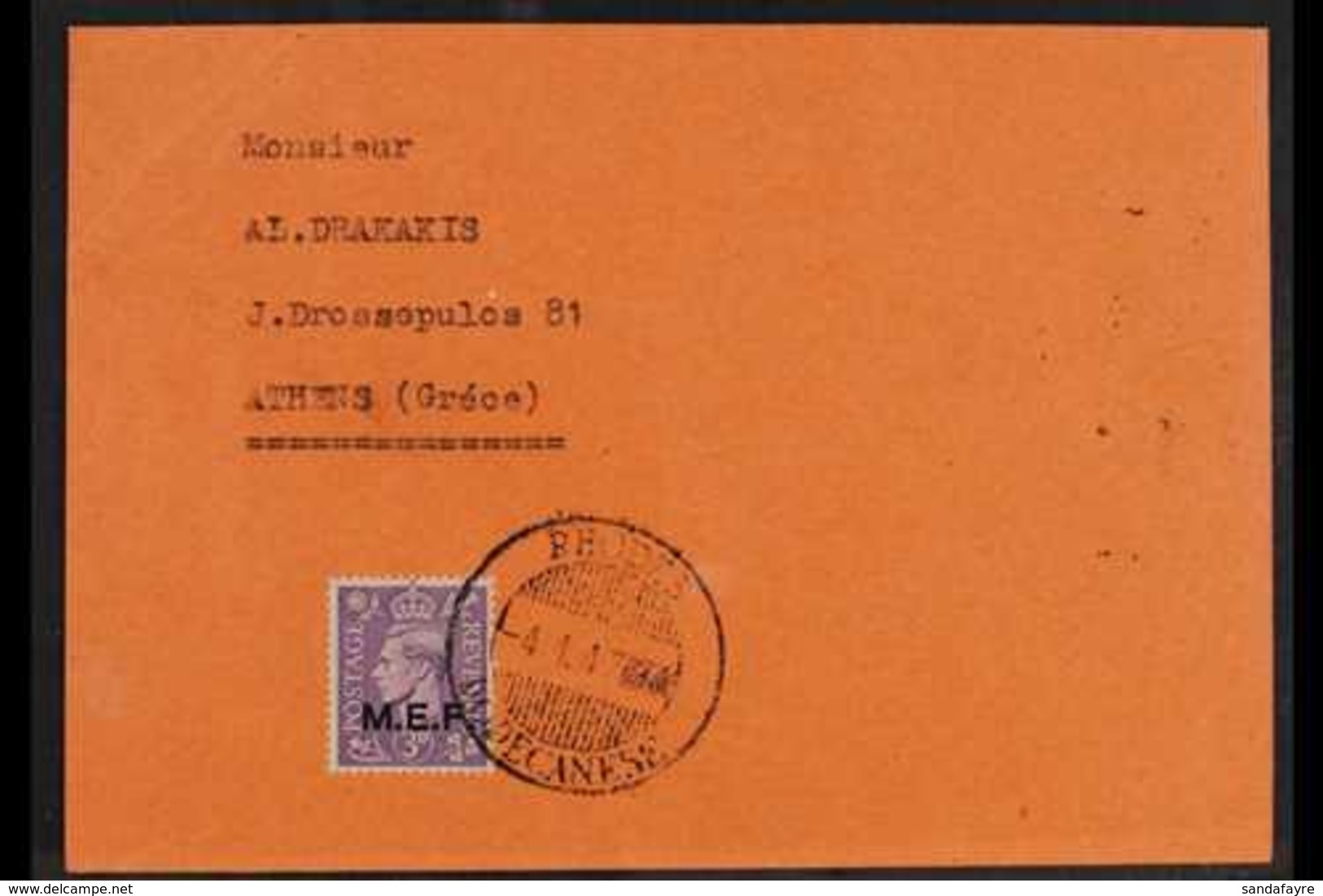 M.E.F. (AEGEAN ISLANDS CARD) 1943-47 3d Pale Violet, Sass 9, Very Fine Used On Card Used To Athens, Tied By RHODES / DOD - Italiaans Oost-Afrika
