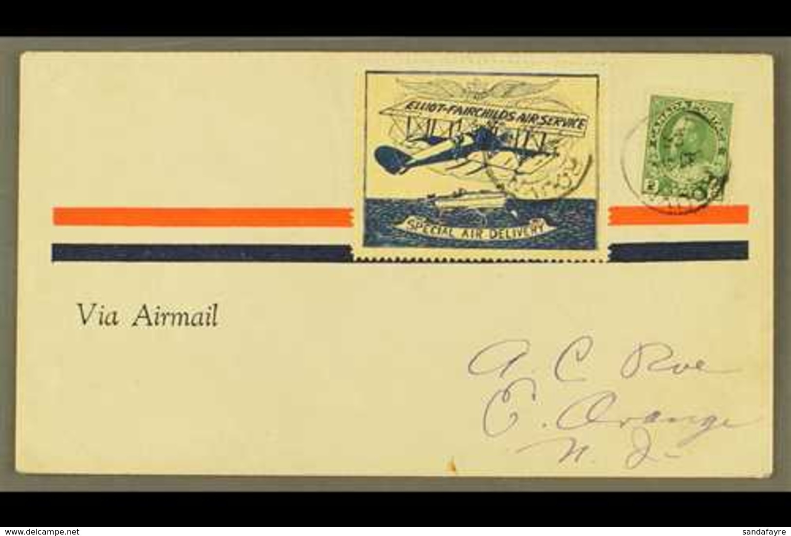 ELLIOT-FAIRCHILDS AIR SERVICE 1926 (25c) Blue On Yellow (Unitrade CL9), Together With Admiral 2c On Neat Cover, Cancelle - Andere & Zonder Classificatie