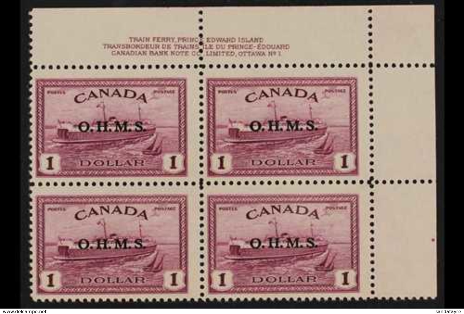 OFFICIALS 1949 $1 Purple Train Ferry "O.H.M.S." Overprint (SG O170, Unitrade O10), Never Hinged Mint Upper Right PLATE ' - Andere & Zonder Classificatie