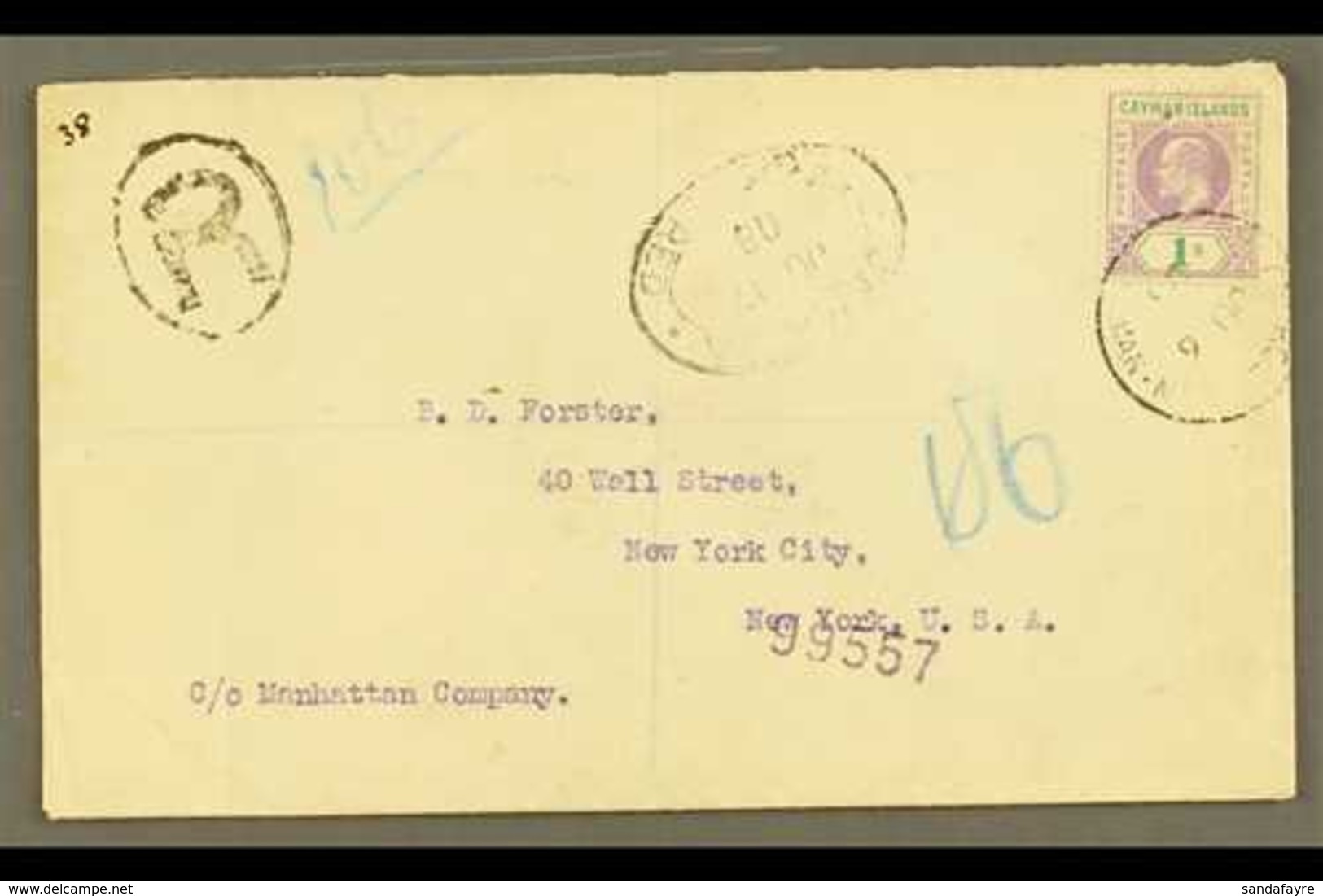 1908 (6 June) Registered Cover To USA, Bearing 1907 1s Stamp (SG 15) Tied By "George Town" Cds, With Registration "R" Ca - Kaaiman Eilanden