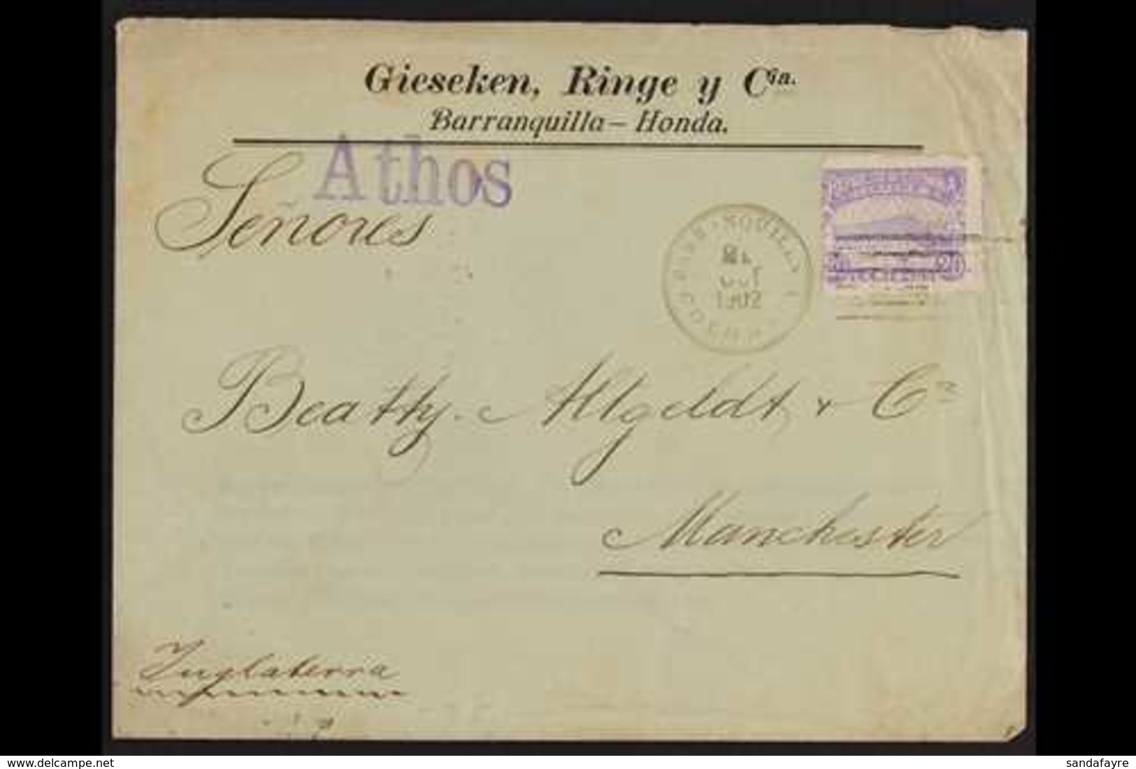 1902 S.S. "ATHOS" SHIP COVER. 1902 (Oct) Cover Addressed To Manchester, England, Bearing 20c Stamp Tied By "Barranquilla - Colombia