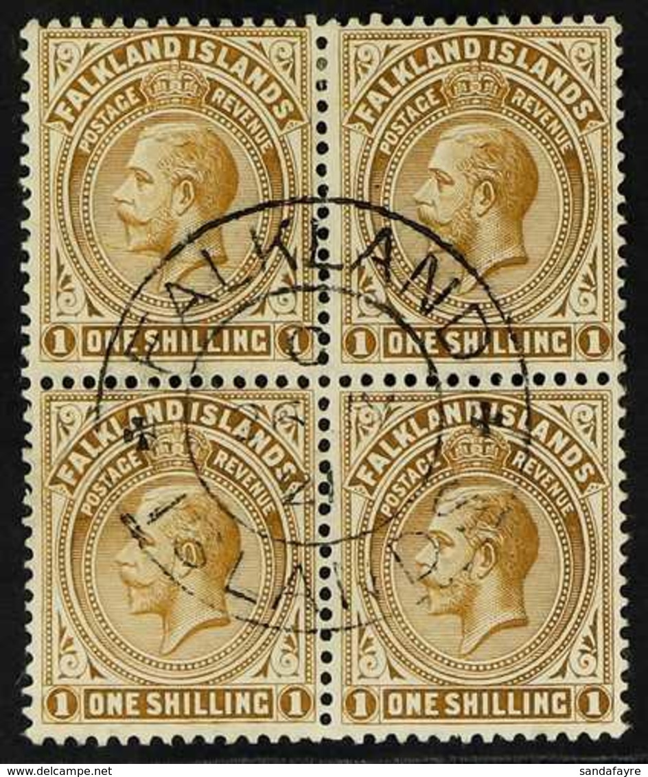 1912-20 1s Brown On Thick Greyish Paper, SG 65b, Superb Used BLOCK OF FOUR With Single Central Falkland Islands Cds Of 2 - Falklandeilanden