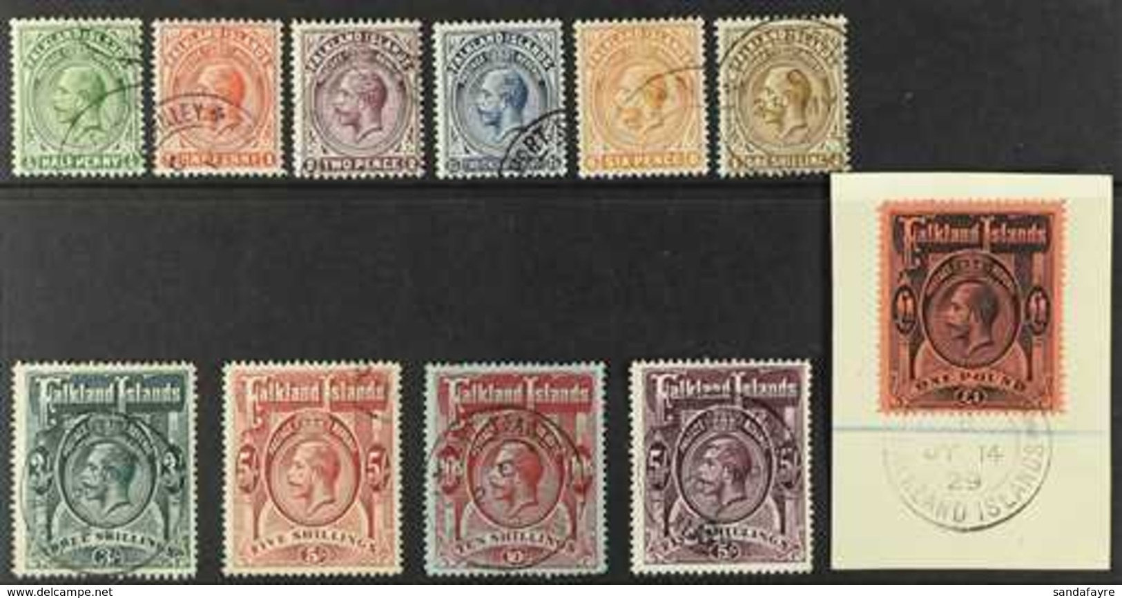 1912-20 Set Complete With Both 5s Colours, SG 60/69 (incl 67b), Very Fine Used, The £1 Still On Original Piece. Superb ( - Falklandeilanden