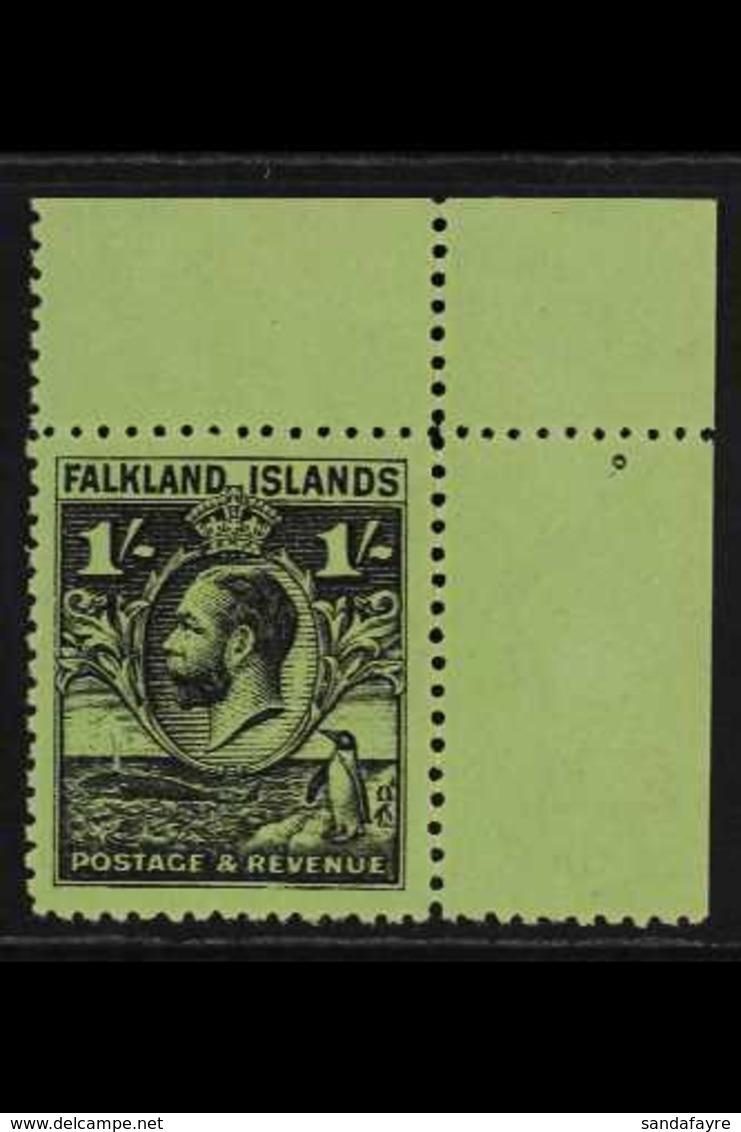 1929-37 1s Black On Bright Emerald Whale & Penguins Line Perf 14, SG 122a, Superb Never Hinged Mint Upper Right Corner E - Falklandeilanden