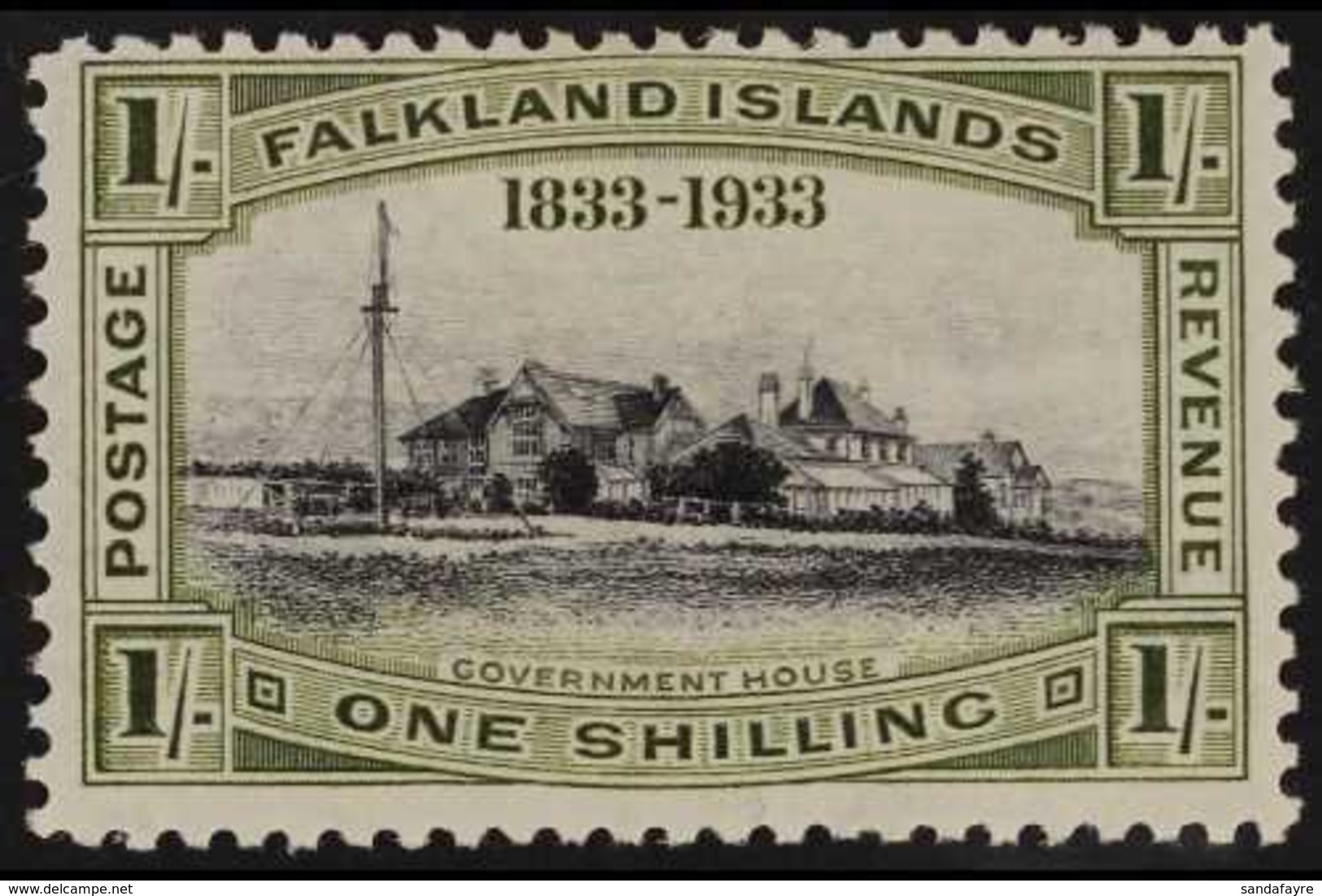 1933 1s Black And Olive-green Centenary "Government House - Stanley", SG 134, Fine Mint. For More Images, Please Visit H - Falklandeilanden