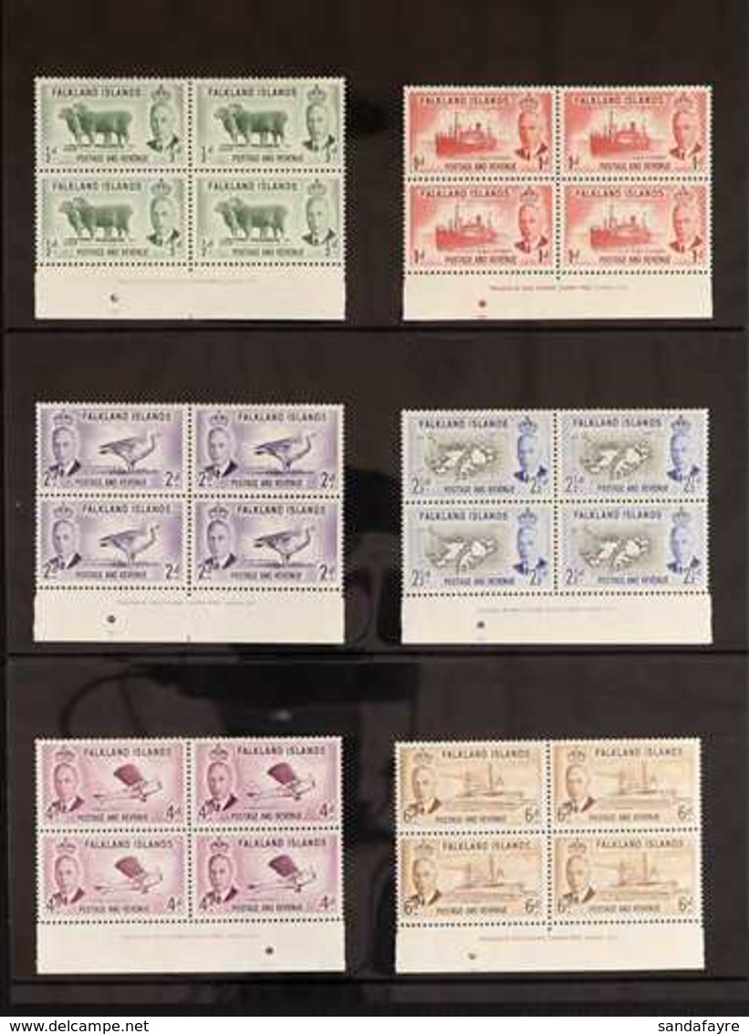 1952 Pictorials Set Complete (SG 172/185) As IMPRINT INSCRIPTION BLOCKS FOUR, The Stamps Never Hinged, Lightly Hinged On - Falklandeilanden