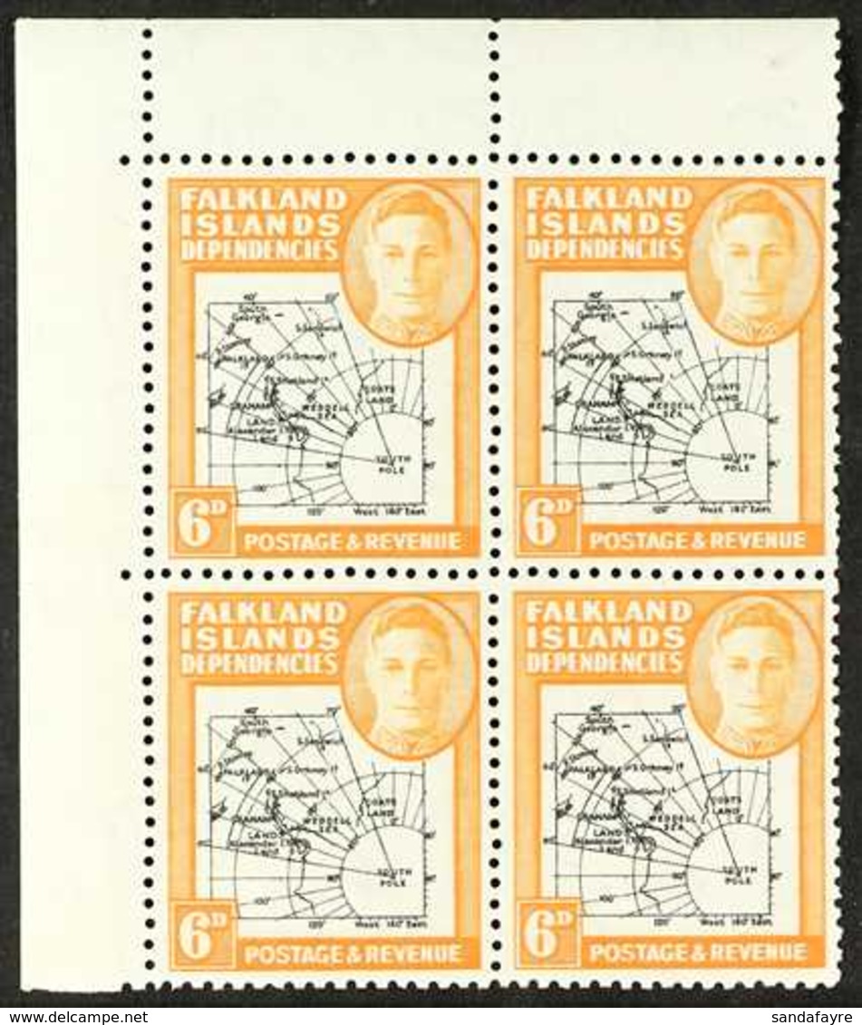 1946 6d Black And Orange, Variety "Missing I In Is", SG G6b In Nhm Corner Block Of Normals. For More Images, Please Visi - Falklandeilanden