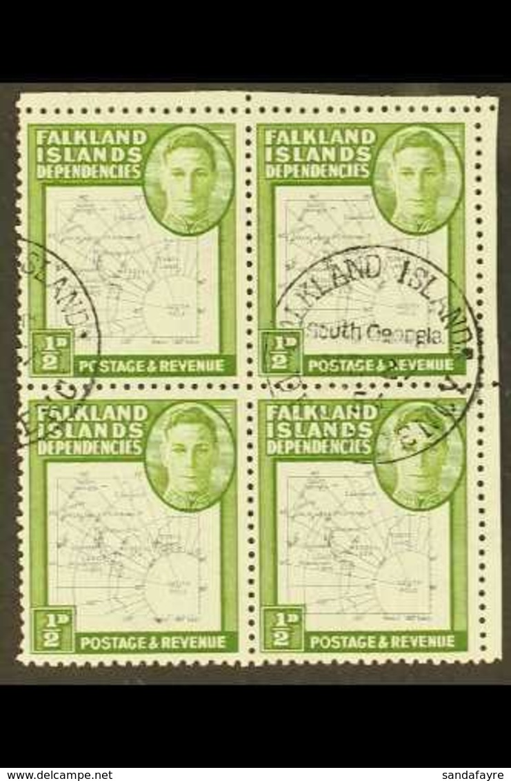 1946-49 SECONDARY PLATE FLAWS ½d Black And Green "Thin Map", SG G9, A Very Fine Used Upper Right Corner Block Of Four Sh - Falklandeilanden