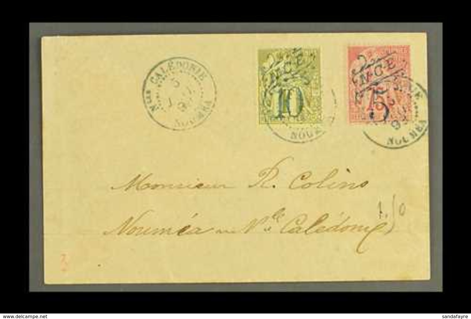 NEW CALEDONIA 1893 (5 Jan) Neat Local Cover Bearing Blue Surcharge 5c On 75c And 10c On 1f (Yvert 38 & 40) Tied By Noume - Andere & Zonder Classificatie