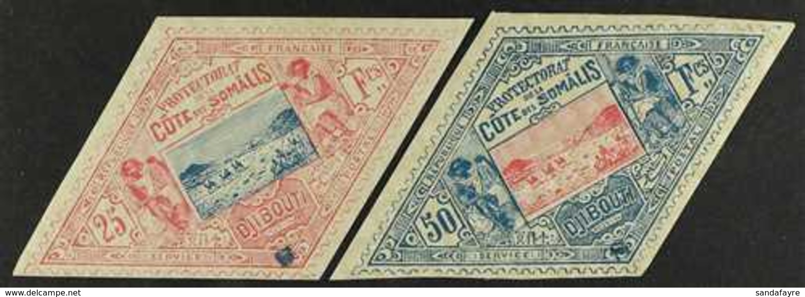 SOMALI COAST 1894-1900 25fr Rose And Blue And 50fr Blue And Rose, Overprinted "S" For SPECIMEN In Blue, Yv 20a/21a Very  - Andere & Zonder Classificatie