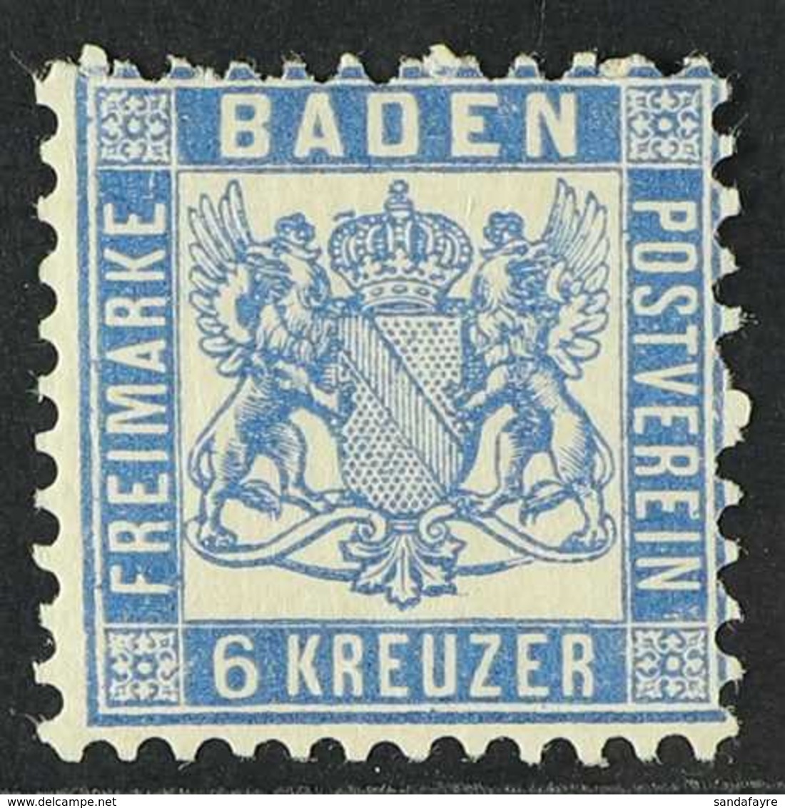 BADEN 1862 6kr Prussian Blue, Mi 19b, Fine And Fresh Mint, Tiny Hinge Thin. For More Images, Please Visit Http://www.san - Andere & Zonder Classificatie