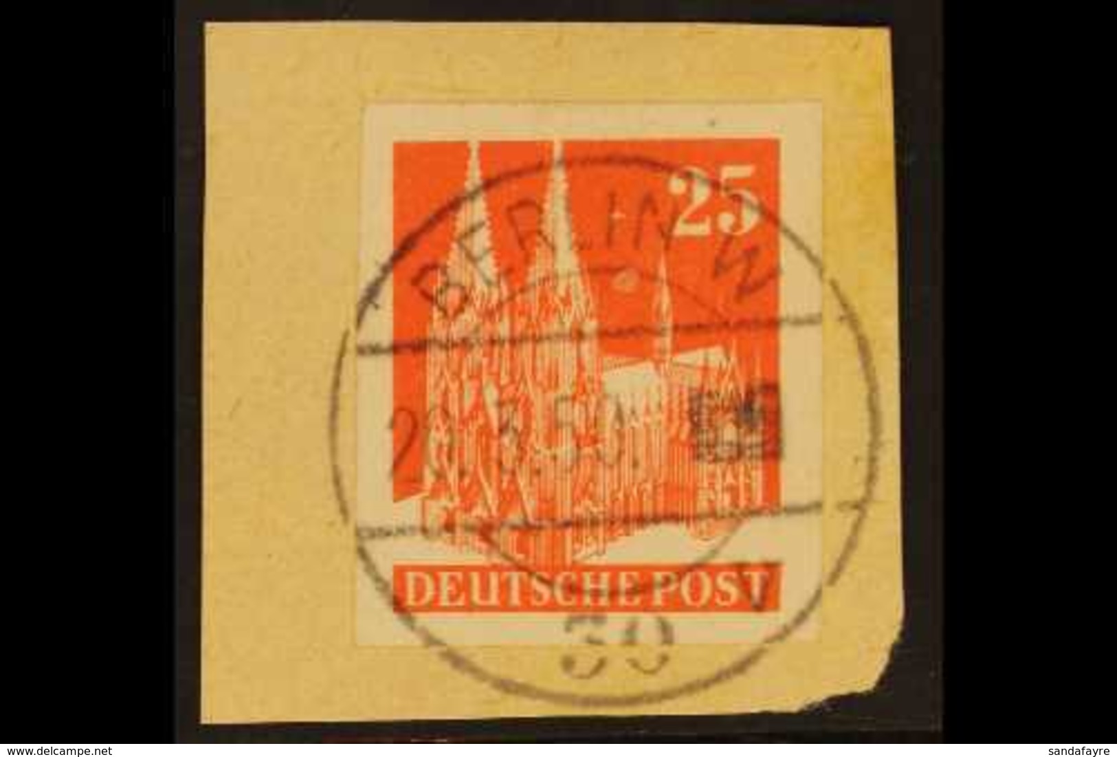 BIZONE 1948-52 25pf Vermilion Buildings IMPERF Variety, Michel 87 IV W U, Superb Used On Piece Tied By Complete Fully Da - Other & Unclassified