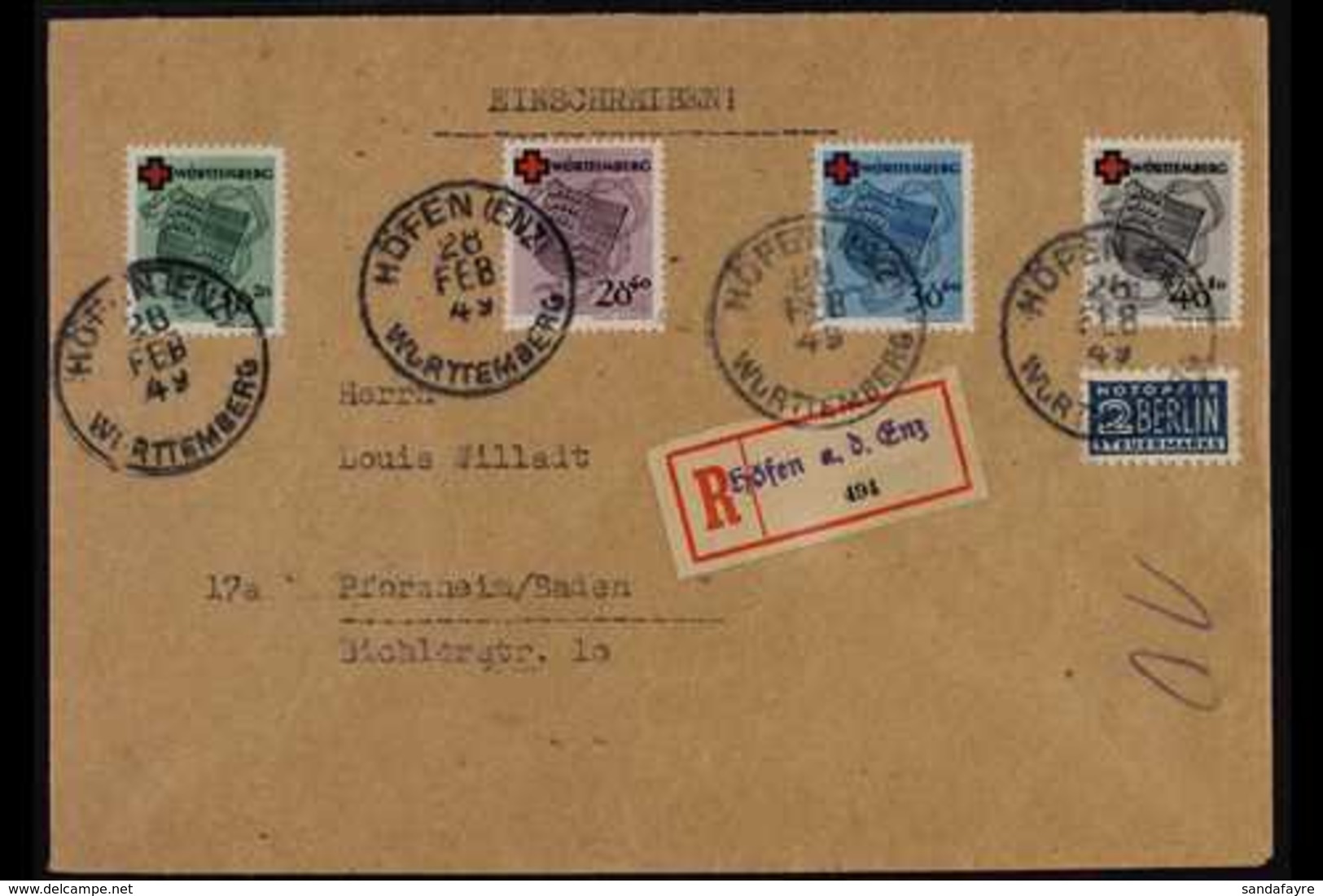 FRENCH ZONE WURTTEMBERG 1949 (28 Feb) Registered Cover To Baden, Bearing 1949 Red Cross Complete Set (Michel 40/43 A) Ti - Andere & Zonder Classificatie