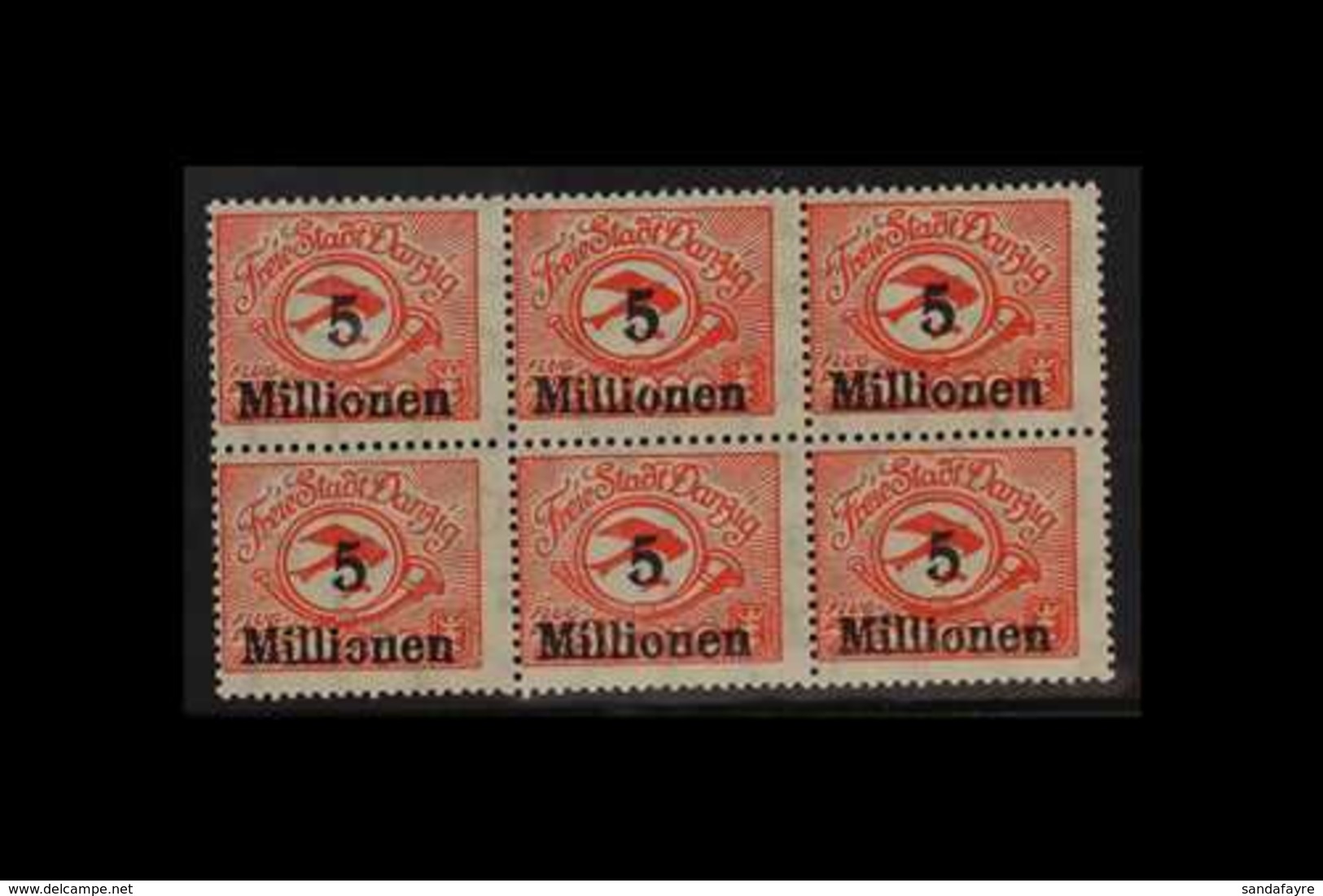 1923 5mio On 5000m Scarlet Air Surcharge (Michel 180, SG 65), Never Hinged Mint BLOCK Of 6 With The Top Middle Stamp Sho - Other & Unclassified