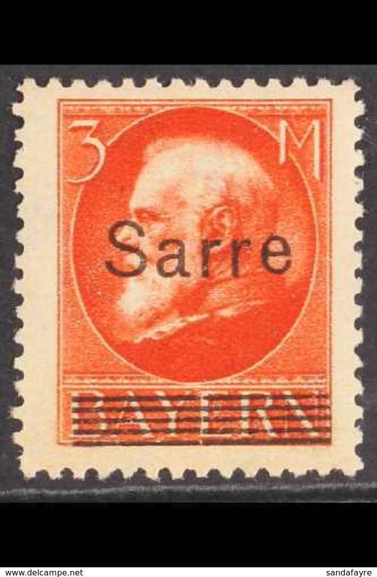 1920 3m Scarlet Stamp Of Bavaria With "Saare" Overprint (Michel 29, SG 29), Fine Mint, Fresh, Expertized A.Brun. For Mor - Andere & Zonder Classificatie